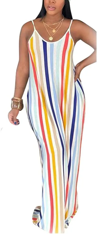 BFFBABY Womens Summer Suspender Maxi Dress Plus Size Striped Printed Sleeveless with Pockets and Belt