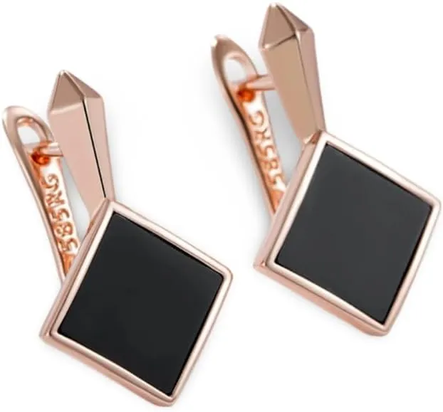 Black Resin Geometric Dangle Earrings for Women, Rose Gold Plated Lever Back