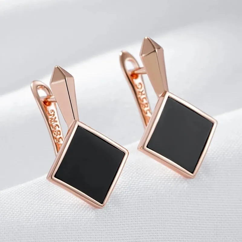 Black Resin Geometric Dangle Earrings for Women, Rose Gold Plated Lever Back