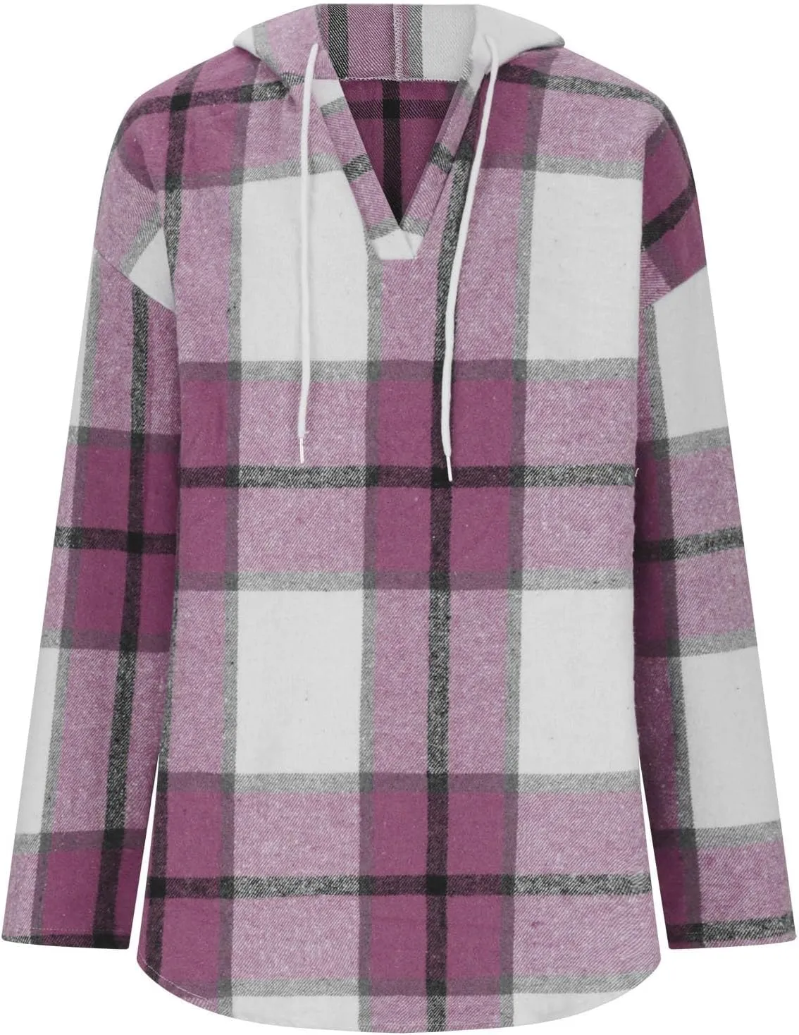 Blouses for Women Dressy Casual Plaid Shirts V Neck Hooded Sweatshirt Drawstring Hoodie Long Sleeve Pullover Tops
