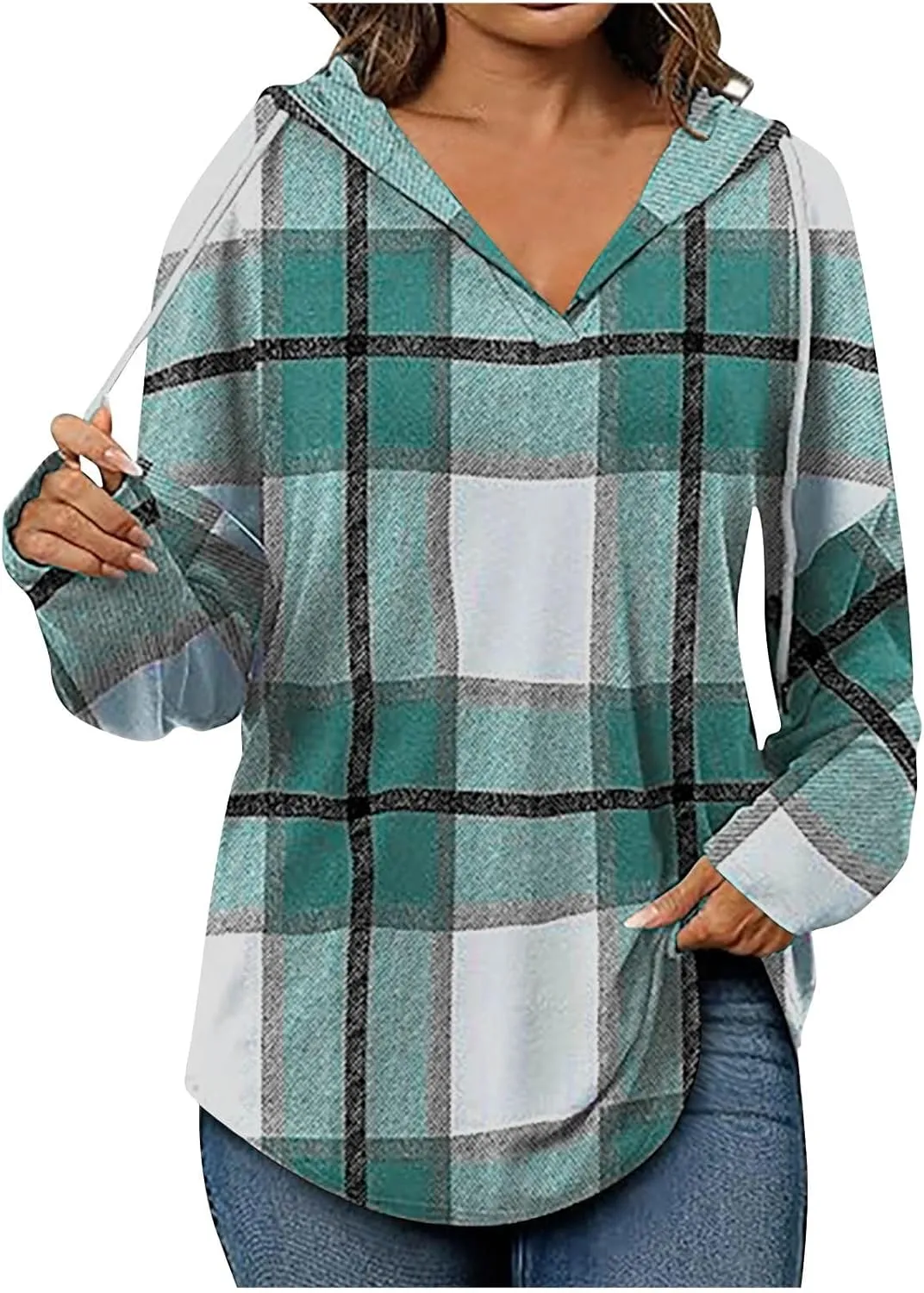 Blouses for Women Dressy Casual Plaid Shirts V Neck Hooded Sweatshirt Drawstring Hoodie Long Sleeve Pullover Tops