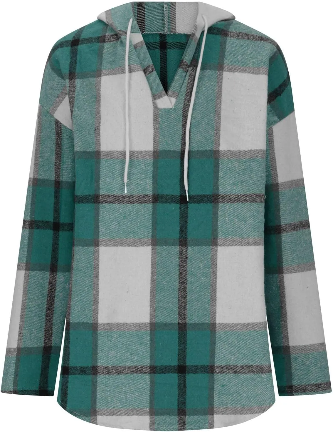 Blouses for Women Dressy Casual Plaid Shirts V Neck Hooded Sweatshirt Drawstring Hoodie Long Sleeve Pullover Tops