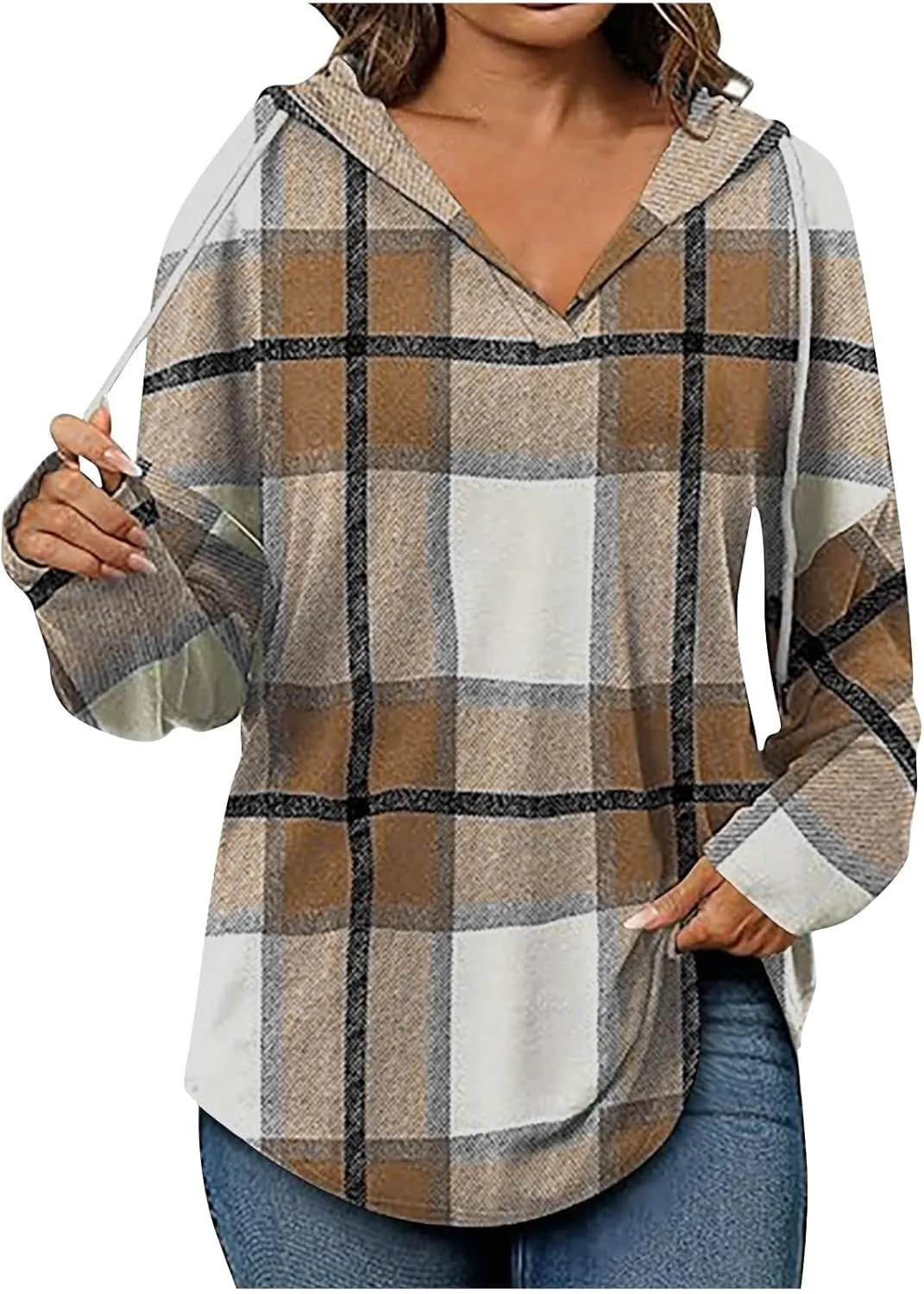 Blouses for Women Dressy Casual Plaid Shirts V Neck Hooded Sweatshirt Drawstring Hoodie Long Sleeve Pullover Tops