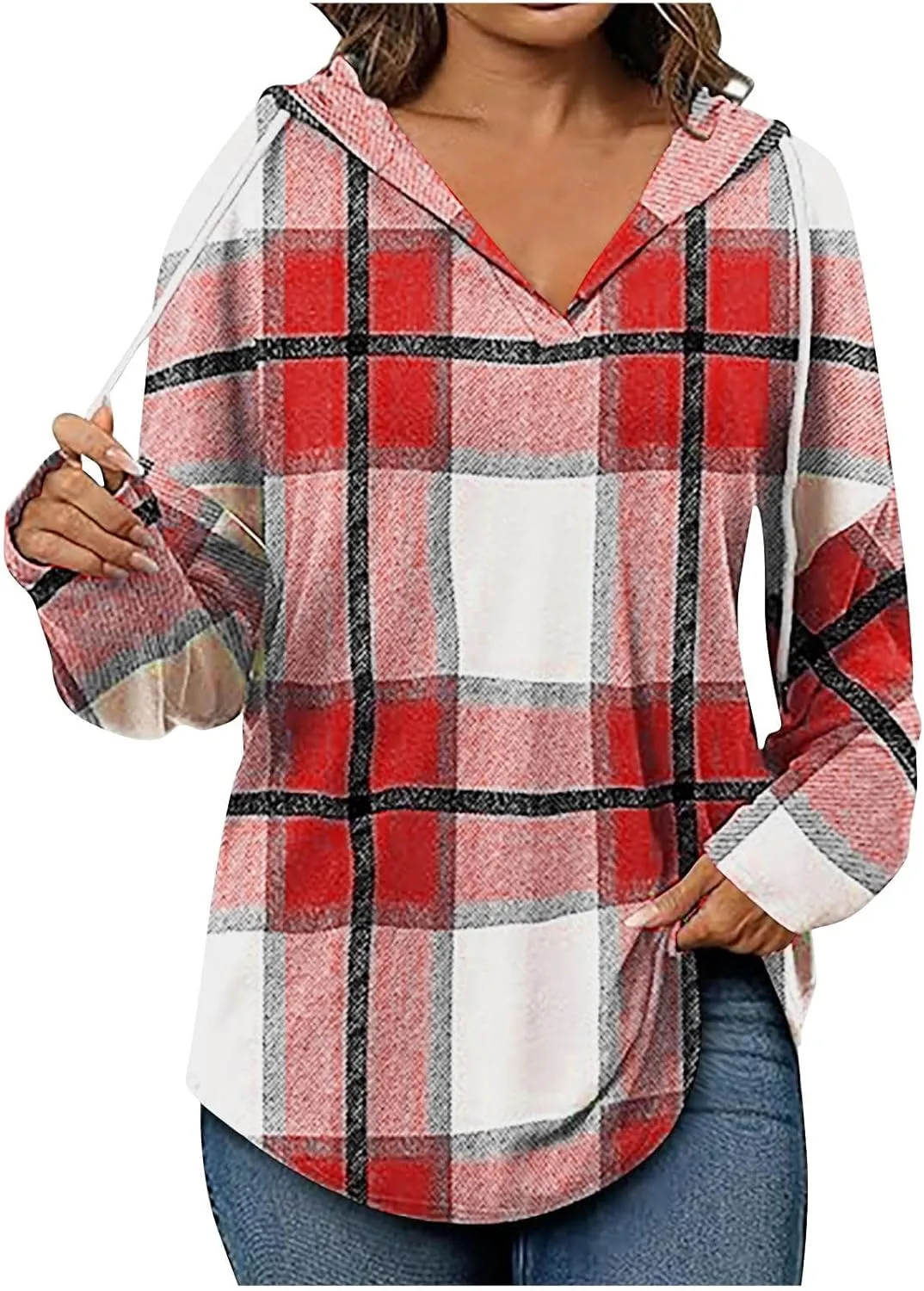 Blouses for Women Dressy Casual Plaid Shirts V Neck Hooded Sweatshirt Drawstring Hoodie Long Sleeve Pullover Tops