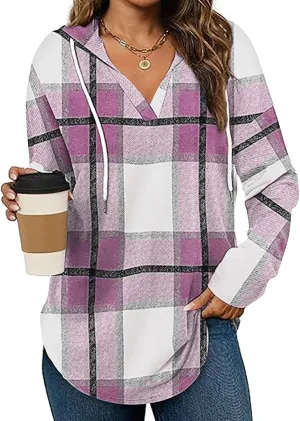Blouses for Women Dressy Casual Plaid Shirts V Neck Hooded Sweatshirt Drawstring Hoodie Long Sleeve Pullover Tops