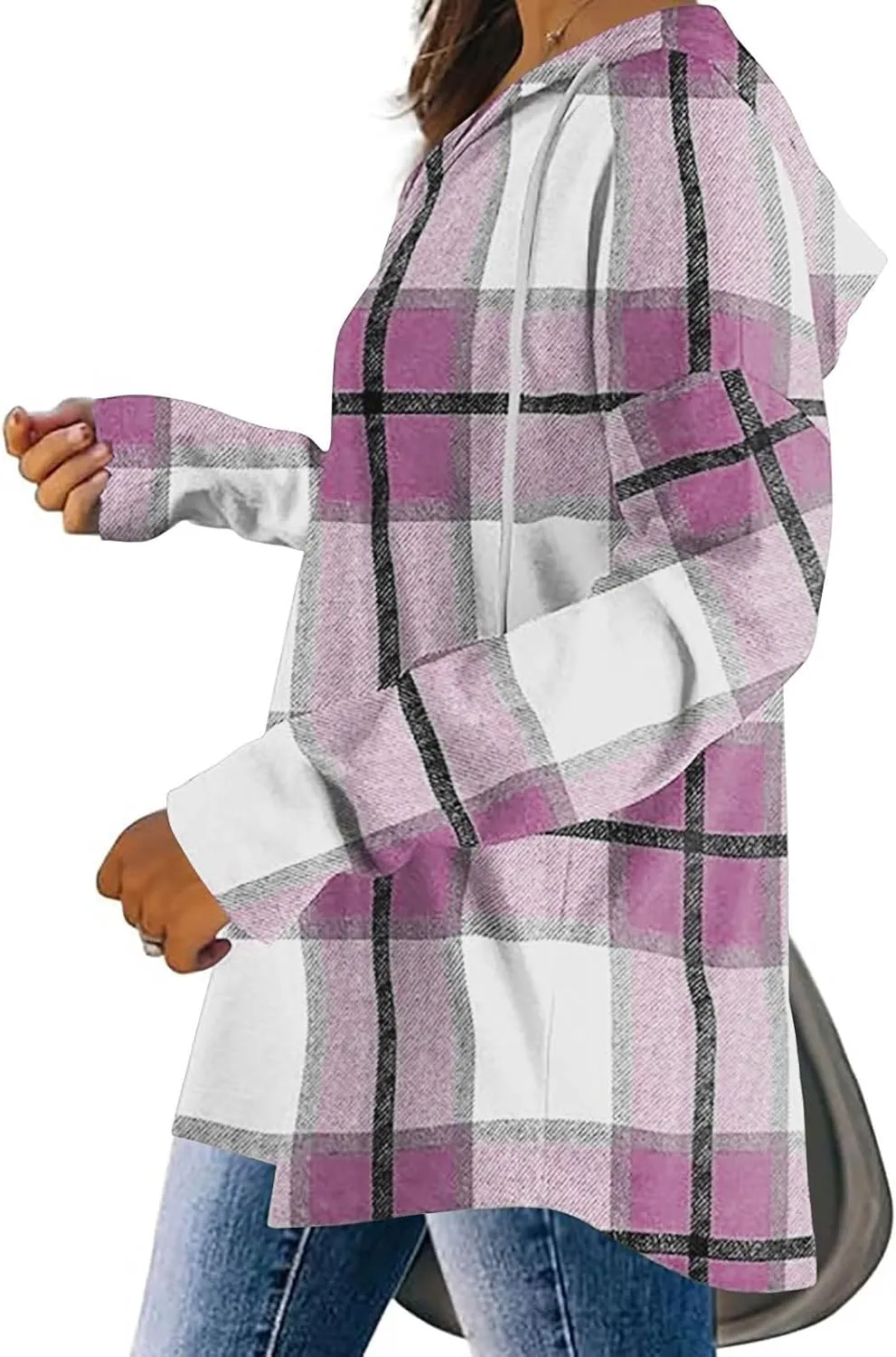 Blouses for Women Dressy Casual Plaid Shirts V Neck Hooded Sweatshirt Drawstring Hoodie Long Sleeve Pullover Tops