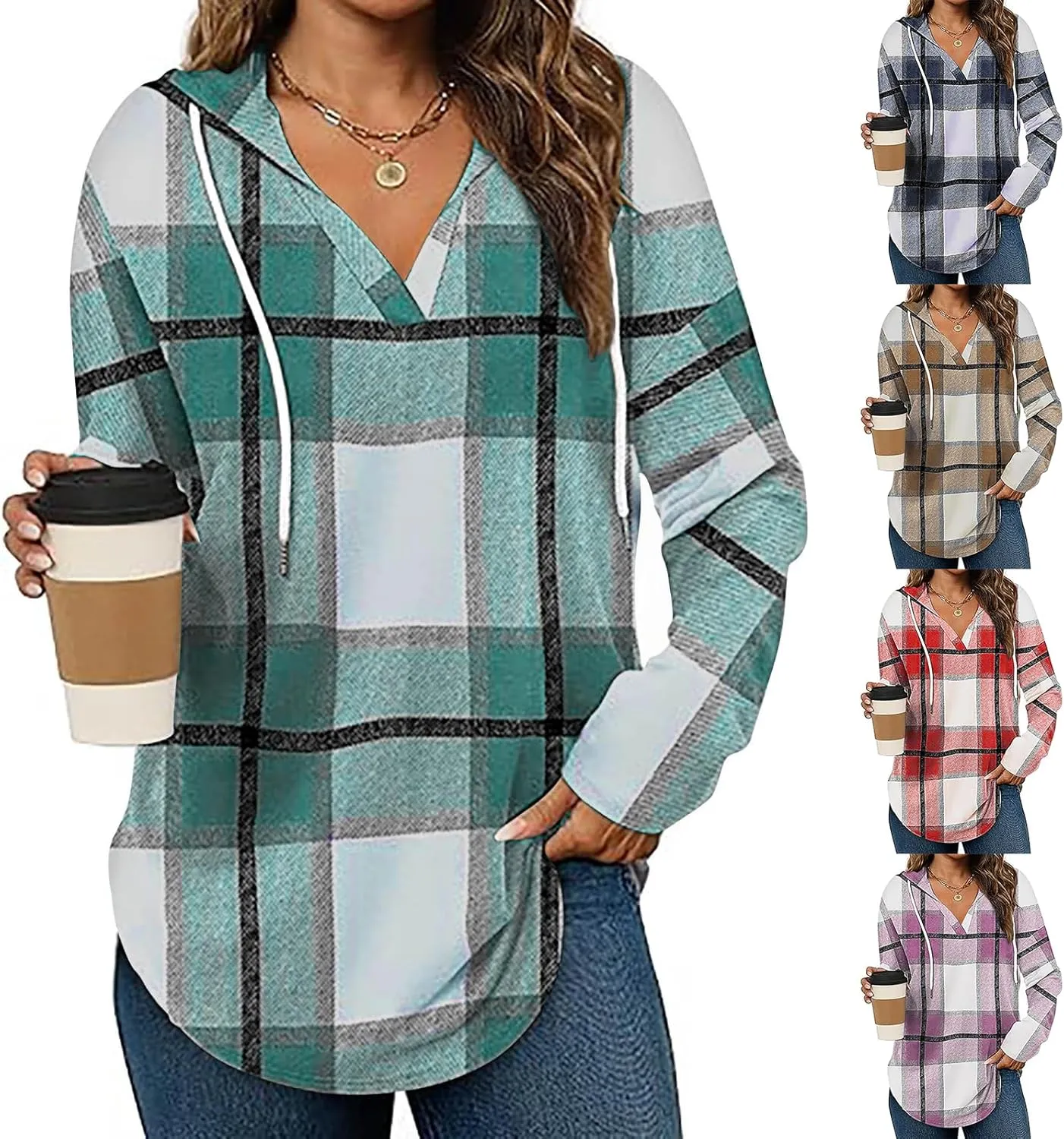 Blouses for Women Dressy Casual Plaid Shirts V Neck Hooded Sweatshirt Drawstring Hoodie Long Sleeve Pullover Tops