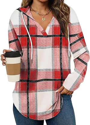Blouses for Women Dressy Casual Plaid Shirts V Neck Hooded Sweatshirt Drawstring Hoodie Long Sleeve Pullover Tops