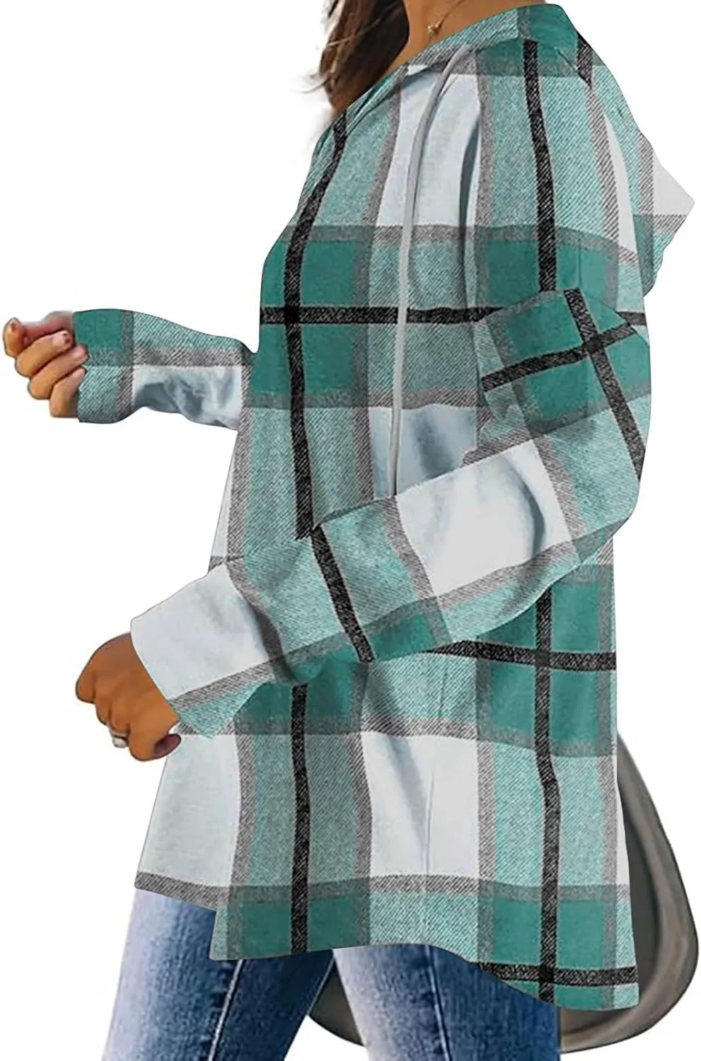 Blouses for Women Dressy Casual Plaid Shirts V Neck Hooded Sweatshirt Drawstring Hoodie Long Sleeve Pullover Tops