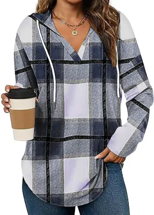 Blouses for Women Dressy Casual Plaid Shirts V Neck Hooded Sweatshirt Drawstring Hoodie Long Sleeve Pullover Tops
