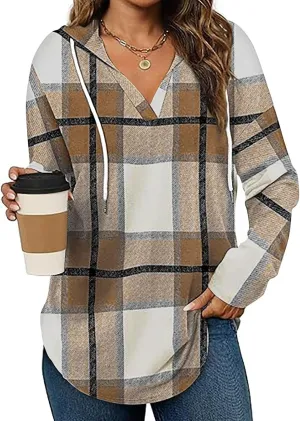 Blouses for Women Dressy Casual Plaid Shirts V Neck Hooded Sweatshirt Drawstring Hoodie Long Sleeve Pullover Tops