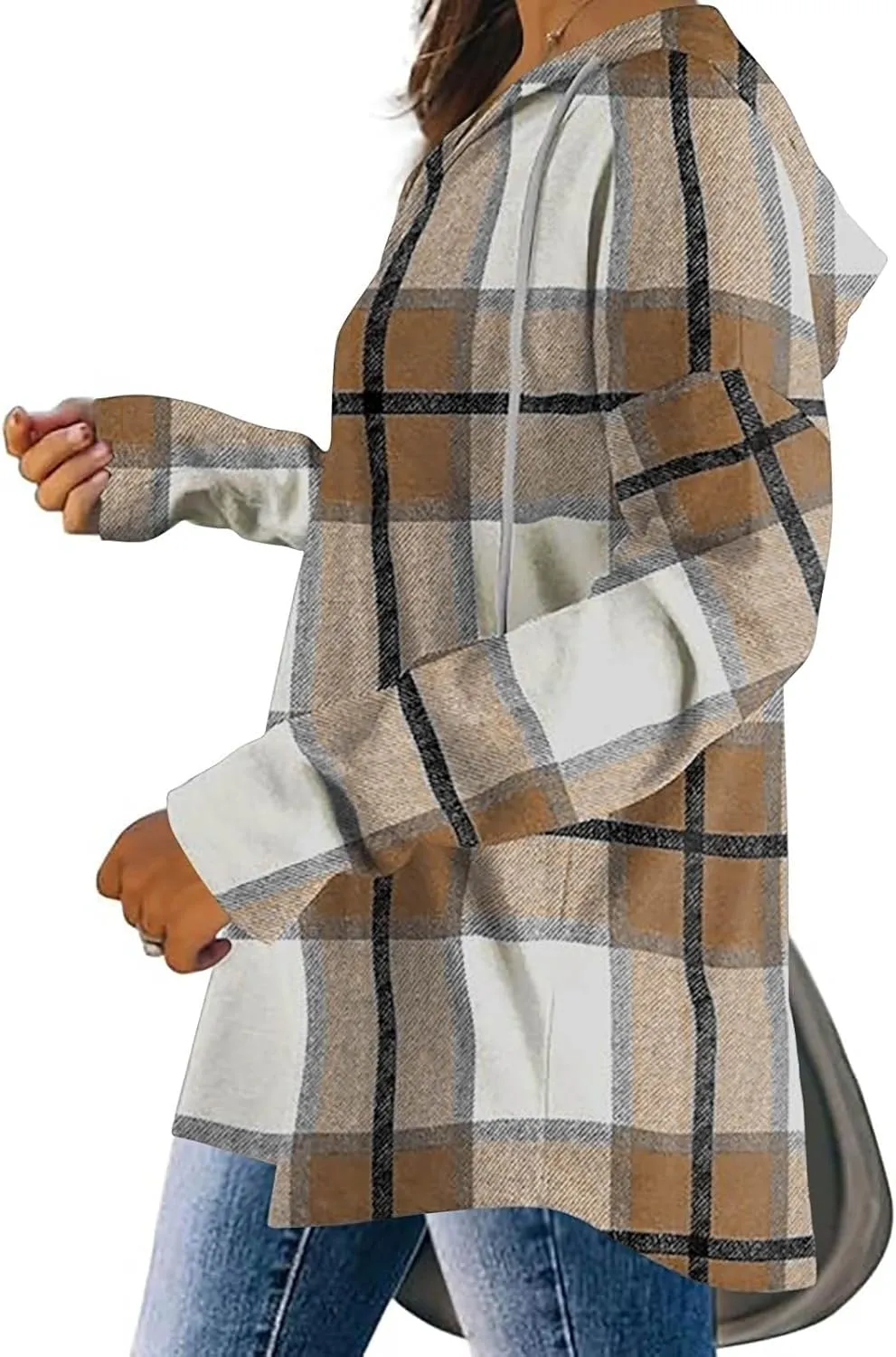 Blouses for Women Dressy Casual Plaid Shirts V Neck Hooded Sweatshirt Drawstring Hoodie Long Sleeve Pullover Tops
