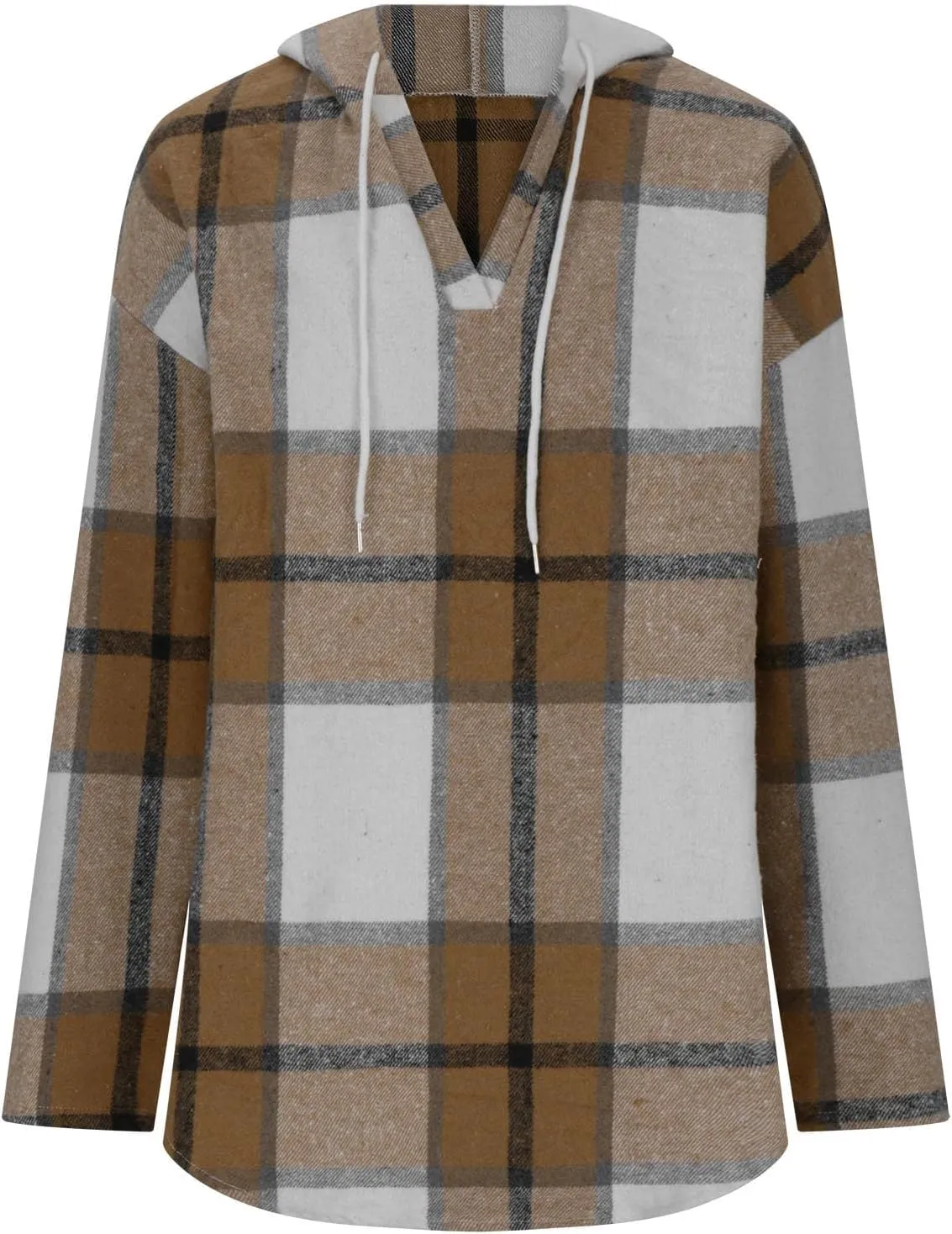 Blouses for Women Dressy Casual Plaid Shirts V Neck Hooded Sweatshirt Drawstring Hoodie Long Sleeve Pullover Tops