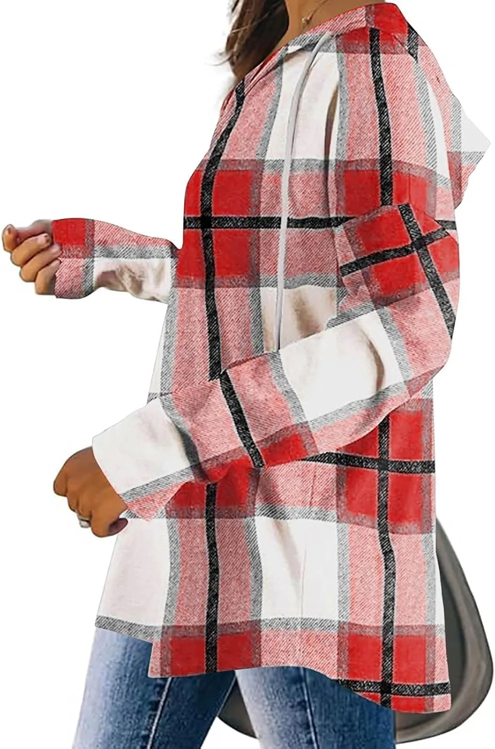 Blouses for Women Dressy Casual Plaid Shirts V Neck Hooded Sweatshirt Drawstring Hoodie Long Sleeve Pullover Tops