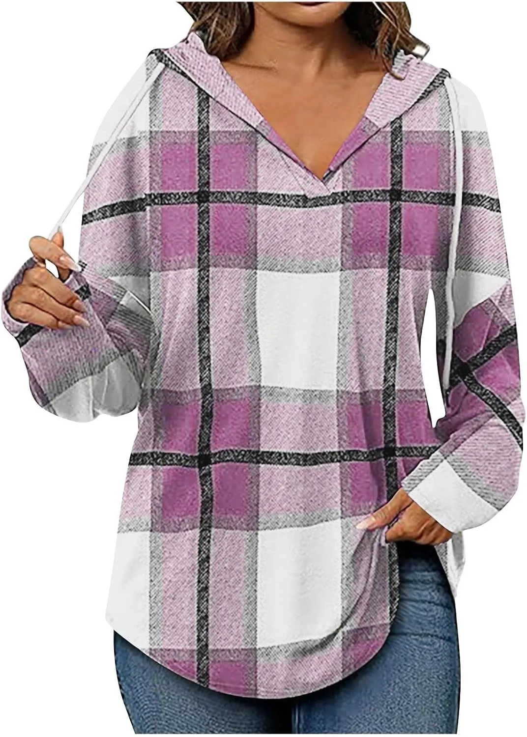 Blouses for Women Dressy Casual Plaid Shirts V Neck Hooded Sweatshirt Drawstring Hoodie Long Sleeve Pullover Tops