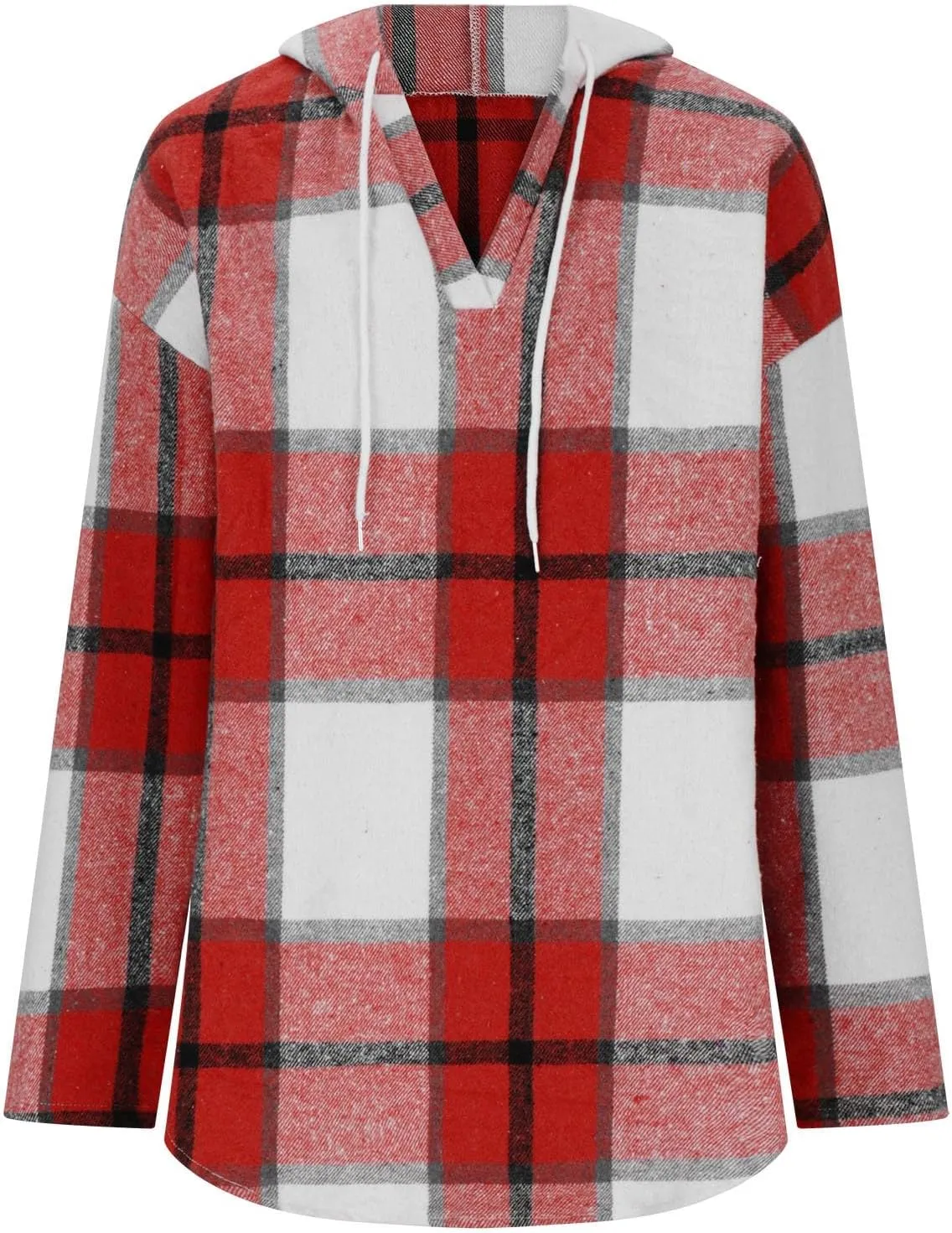 Blouses for Women Dressy Casual Plaid Shirts V Neck Hooded Sweatshirt Drawstring Hoodie Long Sleeve Pullover Tops