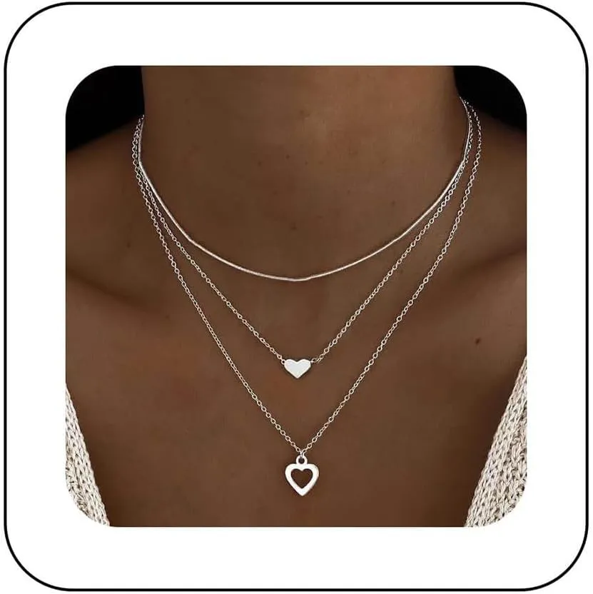 Bohemia Layered Heart Necklace Hollow Heart Pendant Necklaces Silver Love Necklace Chain Plated Hearts Choker Necklaces Jewelry for Women