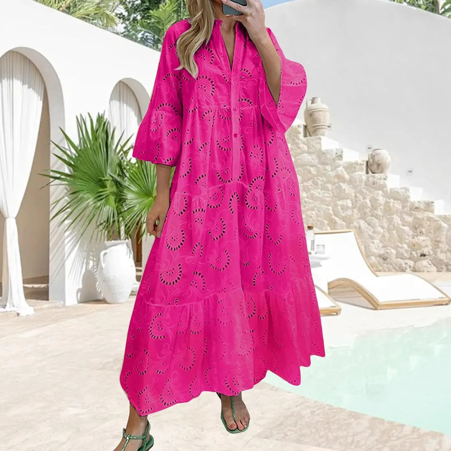 Boho Maxi Dress for Women Eyelet Dresses Elegant Lace Hollow Dress Summer V Neck Bell Sleeve Ruffle Flowy Long Dresses
