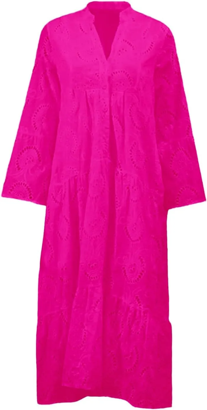 Boho Maxi Dress for Women Eyelet Dresses Elegant Lace Hollow Dress Summer V Neck Bell Sleeve Ruffle Flowy Long Dresses
