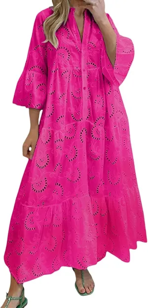 Boho Maxi Dress for Women Eyelet Dresses Elegant Lace Hollow Dress Summer V Neck Bell Sleeve Ruffle Flowy Long Dresses