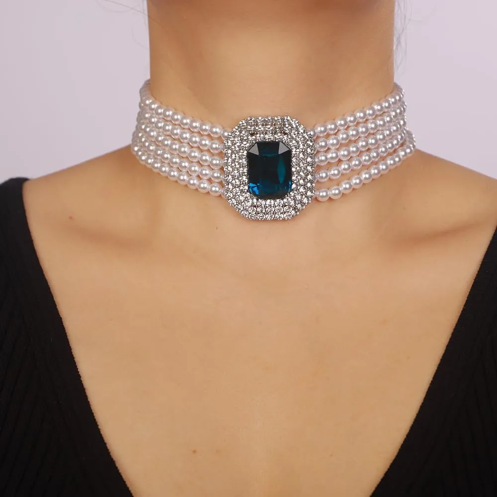 Boho Women Multilayer 1920s Black Green Red Silver Rhinestone Necklaces Dainty Pearls Layered Choker Necklaces Fashion Chunky Pearls Pendant Multilayer Adjustable Layering Chain Necklaces for Women