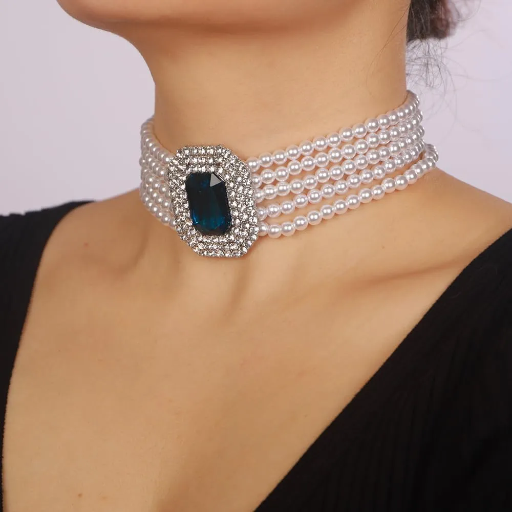 Boho Women Multilayer 1920s Black Green Red Silver Rhinestone Necklaces Dainty Pearls Layered Choker Necklaces Fashion Chunky Pearls Pendant Multilayer Adjustable Layering Chain Necklaces for Women