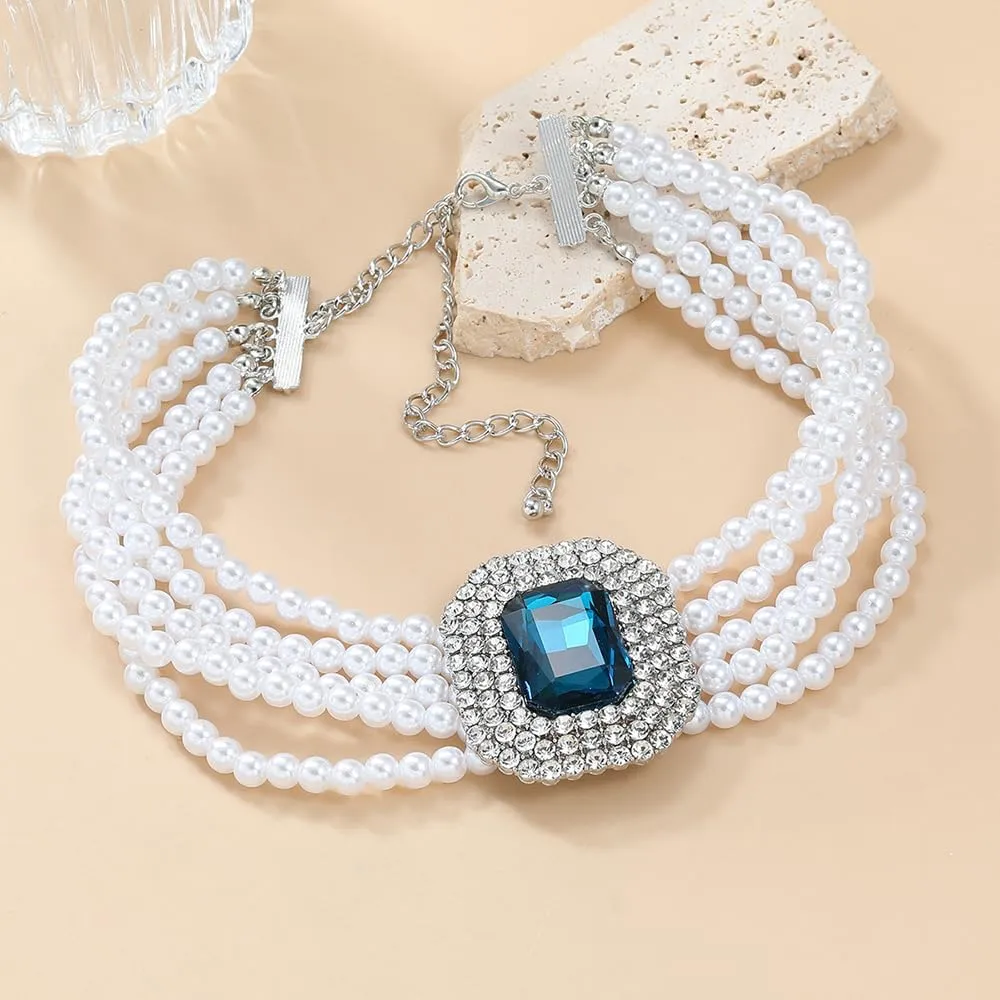 Boho Women Multilayer 1920s Black Green Red Silver Rhinestone Necklaces Dainty Pearls Layered Choker Necklaces Fashion Chunky Pearls Pendant Multilayer Adjustable Layering Chain Necklaces for Women
