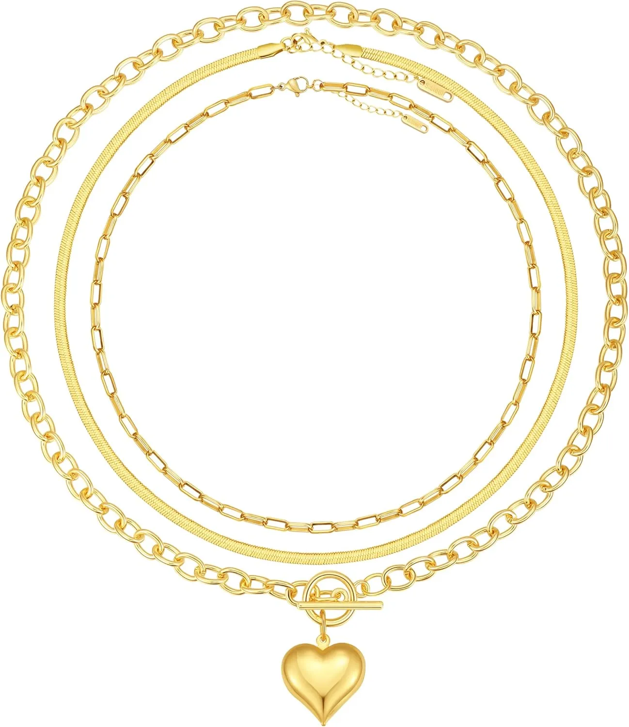 BOMAIL 3Pcs Layered Gold Chunky Necklaces for Women 14K Stacking Choker Paperclip Snake Beads Chain Choker Necklaces Cross Puffy Heart Pendant Adjustable Stackable Layered Necklaces Set