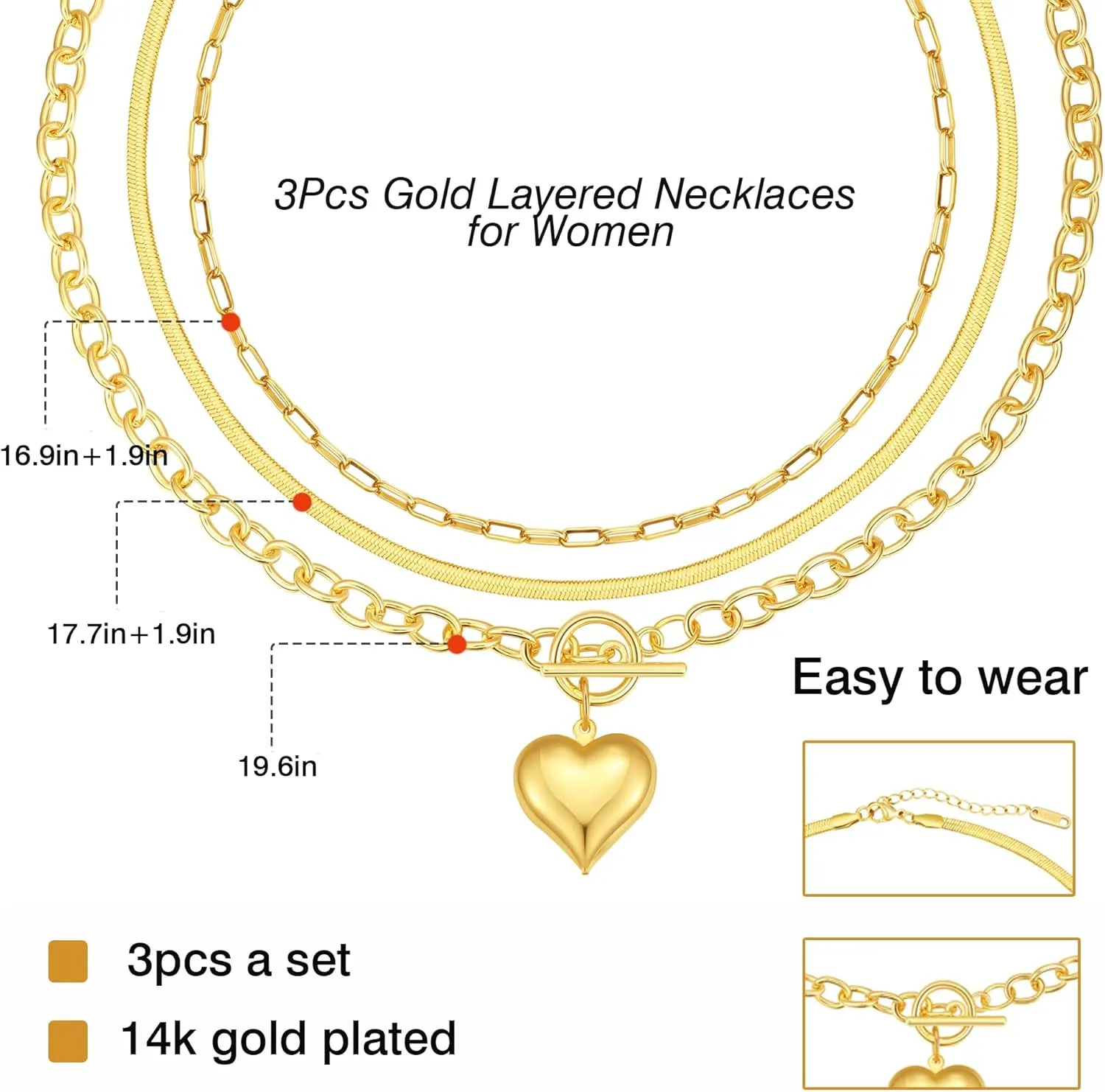 BOMAIL 3Pcs Layered Gold Chunky Necklaces for Women 14K Stacking Choker Paperclip Snake Beads Chain Choker Necklaces Cross Puffy Heart Pendant Adjustable Stackable Layered Necklaces Set