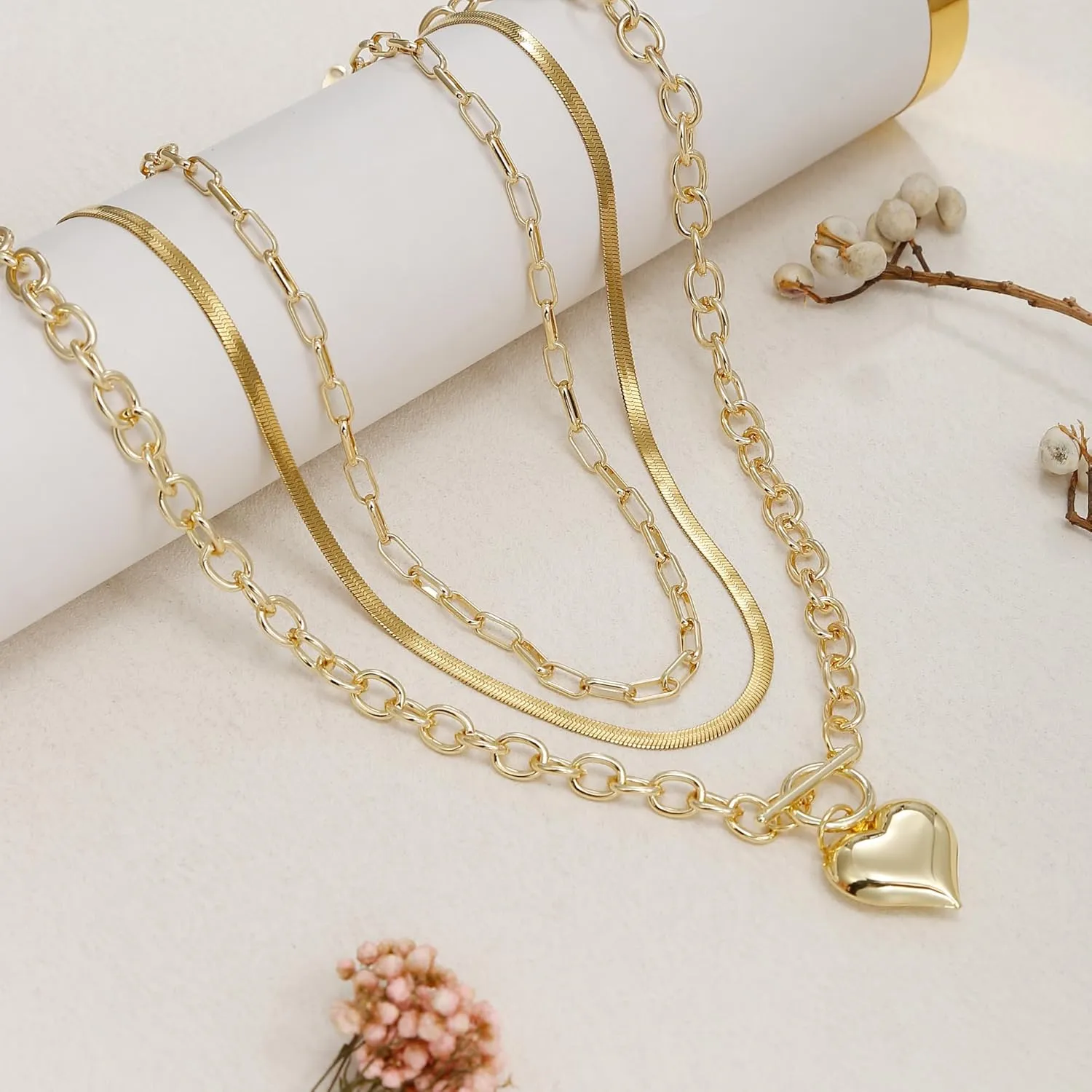 BOMAIL 3Pcs Layered Gold Chunky Necklaces for Women 14K Stacking Choker Paperclip Snake Beads Chain Choker Necklaces Cross Puffy Heart Pendant Adjustable Stackable Layered Necklaces Set