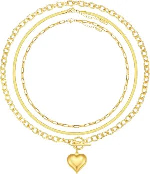 BOMAIL 3Pcs Layered Gold Chunky Necklaces for Women 14K Stacking Choker Paperclip Snake Beads Chain Choker Necklaces Cross Puffy Heart Pendant Adjustable Stackable Layered Necklaces Set