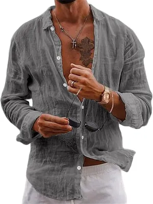 Button Down Linen Shirts for Men Casual Summer Beach Shirts Hipster Regular Fit Long Sleeve Shirts Everyday Clothing
