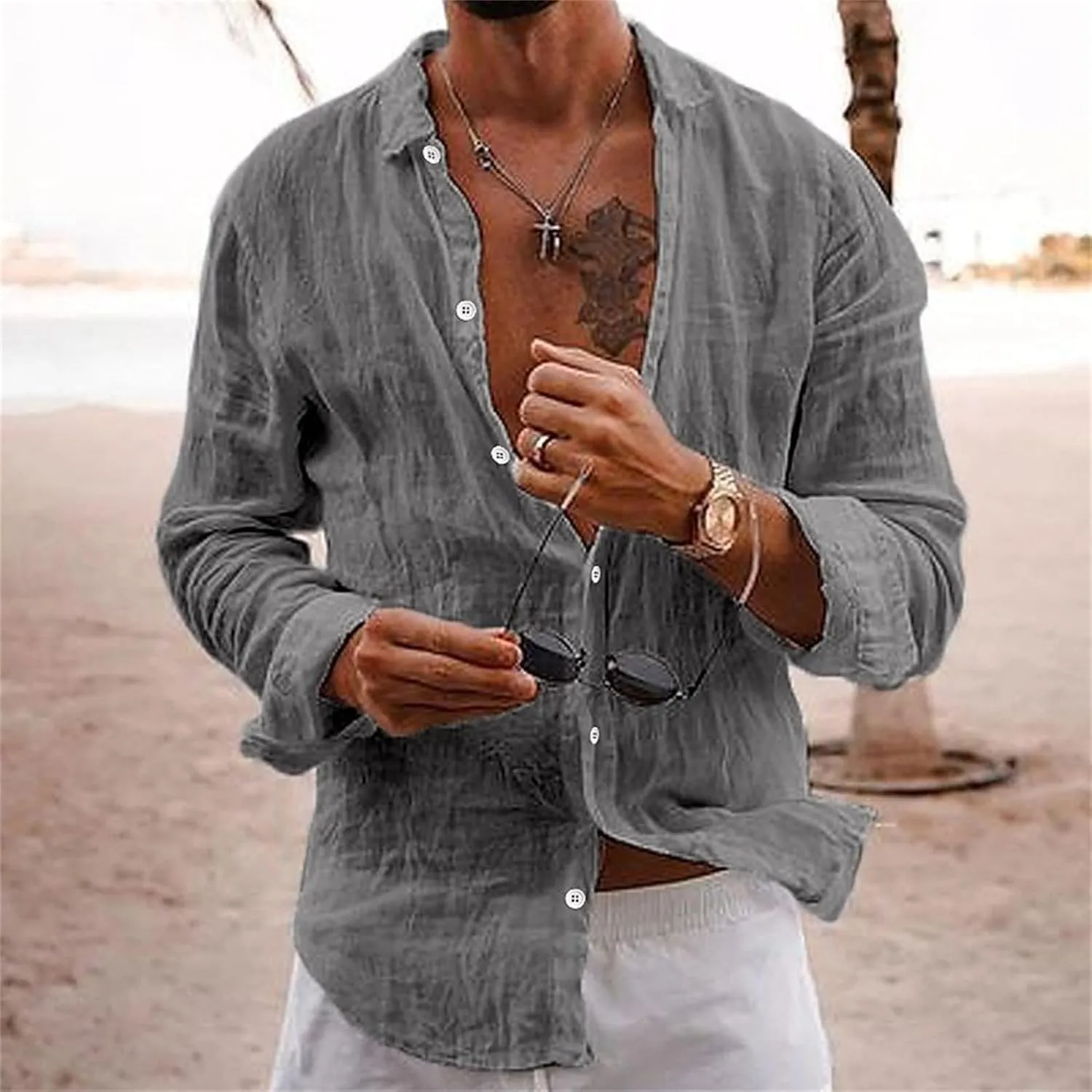 Button Down Linen Shirts for Men Casual Summer Beach Shirts Hipster Regular Fit Long Sleeve Shirts Everyday Clothing