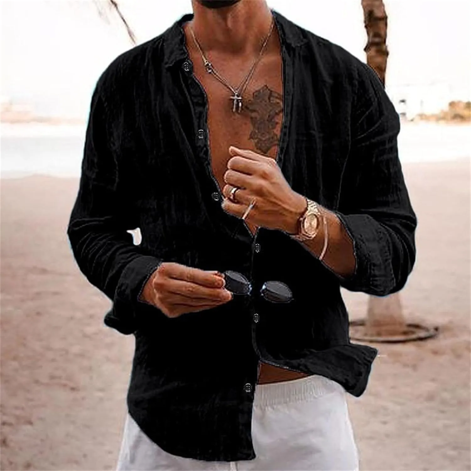 Button Down Linen Shirts for Men Casual Summer Beach Shirts Hipster Regular Fit Long Sleeve Shirts Everyday Clothing