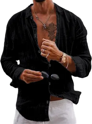 Button Down Linen Shirts for Men Casual Summer Beach Shirts Hipster Regular Fit Long Sleeve Shirts Everyday Clothing