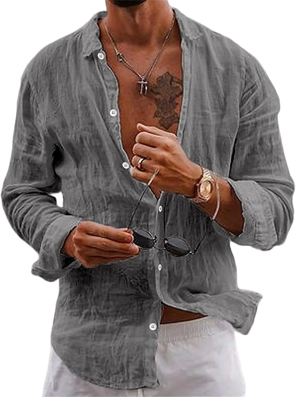 Button Down Linen Shirts for Men Casual Summer Beach Shirts Hipster Regular Fit Long Sleeve Shirts Everyday Clothing