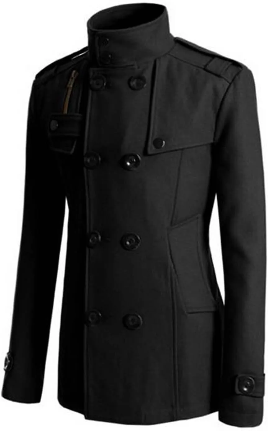 Cambkatl Wool Blend Trench Coat for Men Double Breasted Jacket Overcoat Classic Notched Collar Winter Pea Coat with Pockets