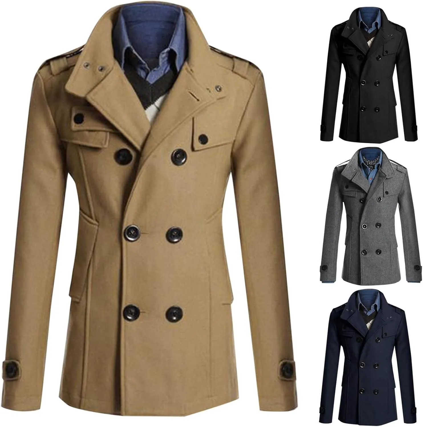 Cambkatl Wool Blend Trench Coat for Men Double Breasted Jacket Overcoat Classic Notched Collar Winter Pea Coat with Pockets