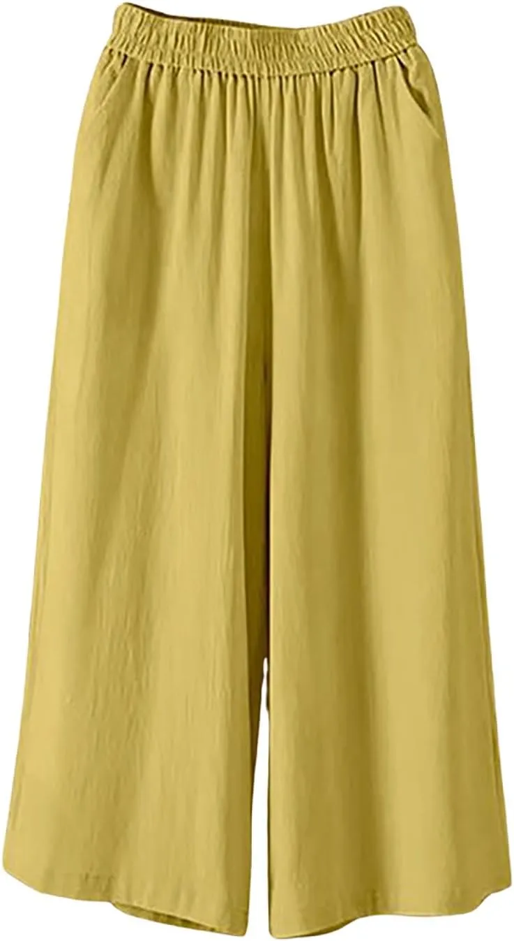 Capri Linen Pants for Women Casual Summer Elastic Waist Bermuda Shorts Lightweight Beach Pedal Pushers with Pockets