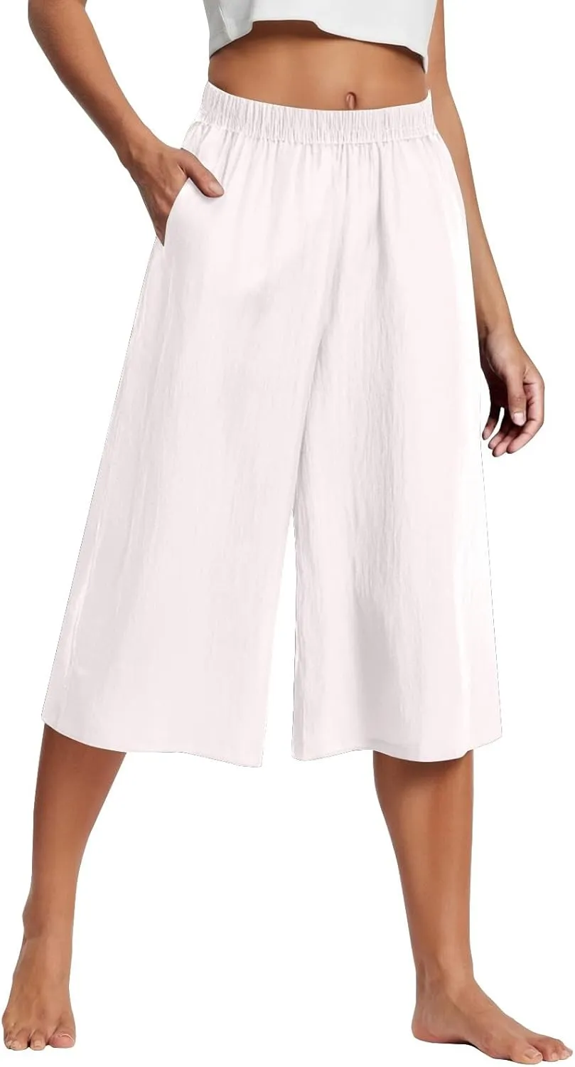 Capri Linen Pants for Women Casual Summer Elastic Waist Bermuda Shorts Lightweight Beach Pedal Pushers with Pockets