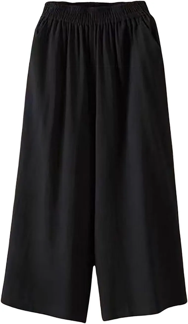 Capri Linen Pants for Women Casual Summer Elastic Waist Bermuda Shorts Lightweight Beach Pedal Pushers with Pockets
