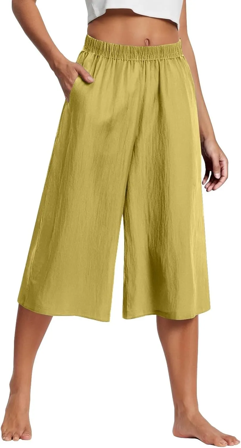 Capri Linen Pants for Women Casual Summer Elastic Waist Bermuda Shorts Lightweight Beach Pedal Pushers with Pockets
