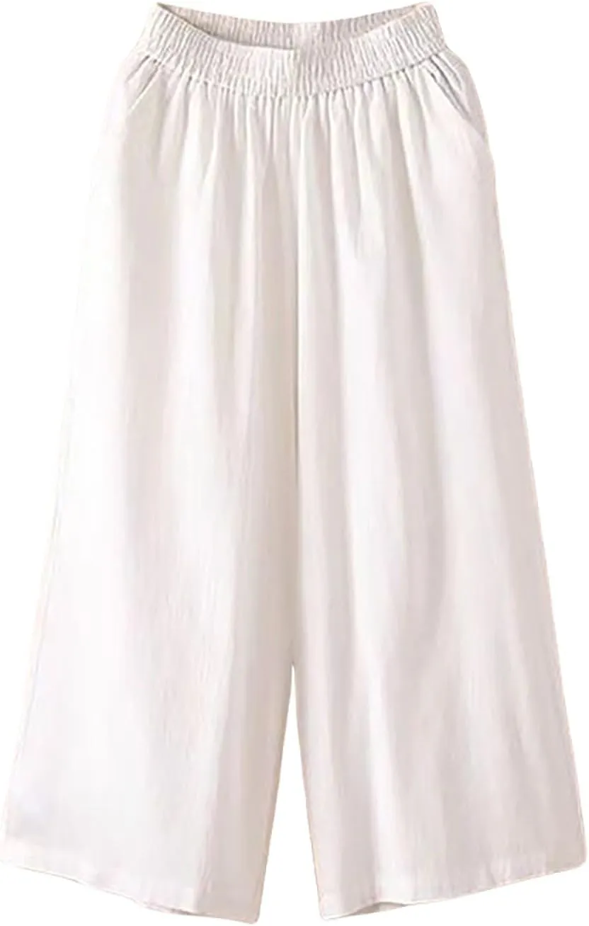 Capri Linen Pants for Women Casual Summer Elastic Waist Bermuda Shorts Lightweight Beach Pedal Pushers with Pockets