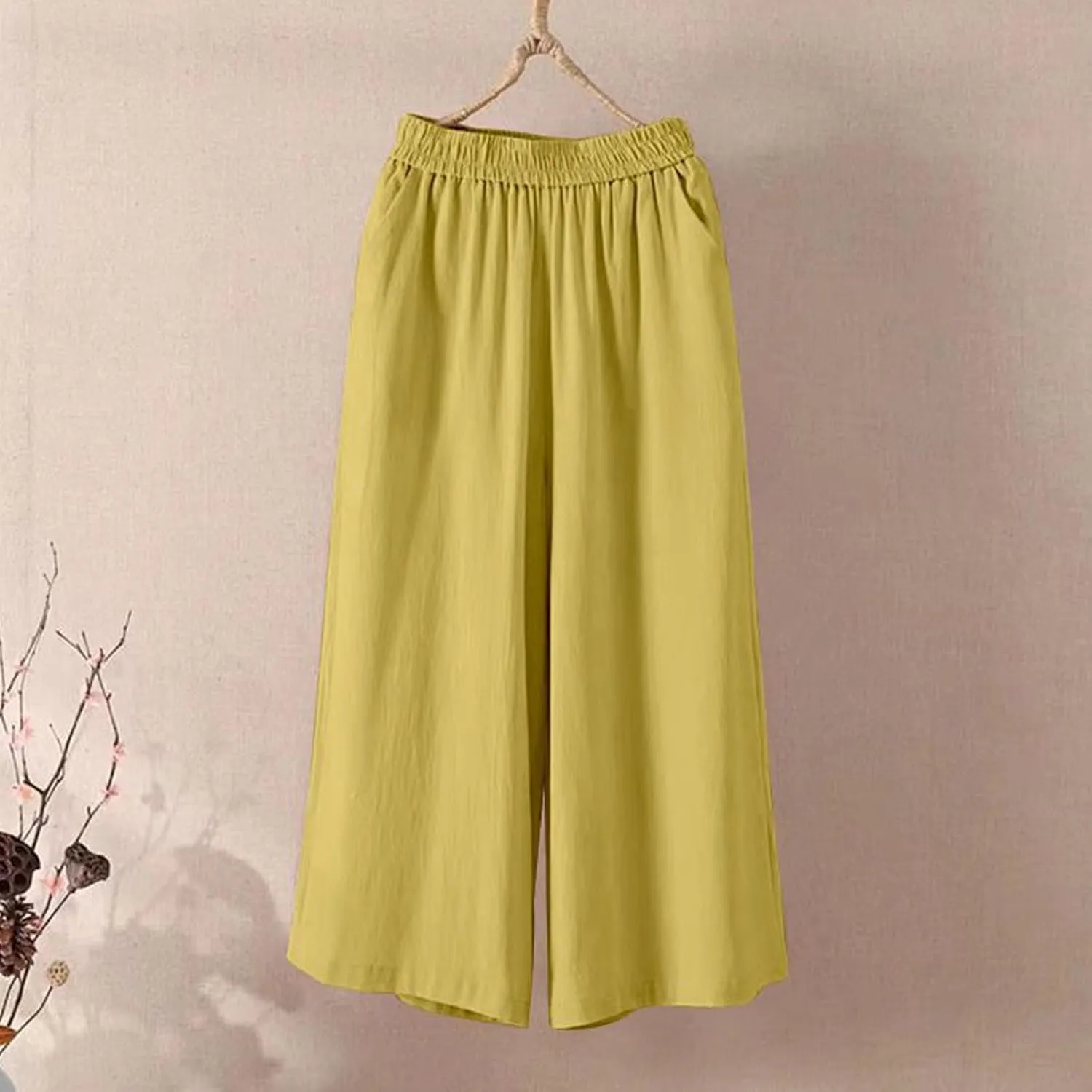 Capri Linen Pants for Women Casual Summer Elastic Waist Bermuda Shorts Lightweight Beach Pedal Pushers with Pockets