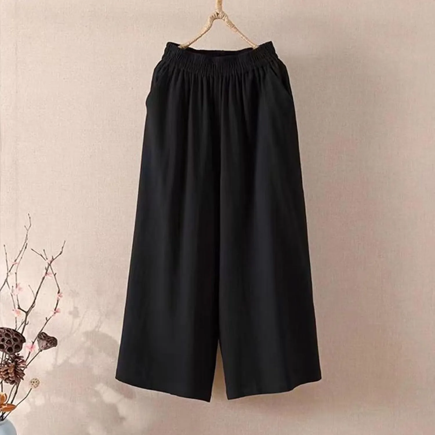 Capri Linen Pants for Women Casual Summer Elastic Waist Bermuda Shorts Lightweight Beach Pedal Pushers with Pockets