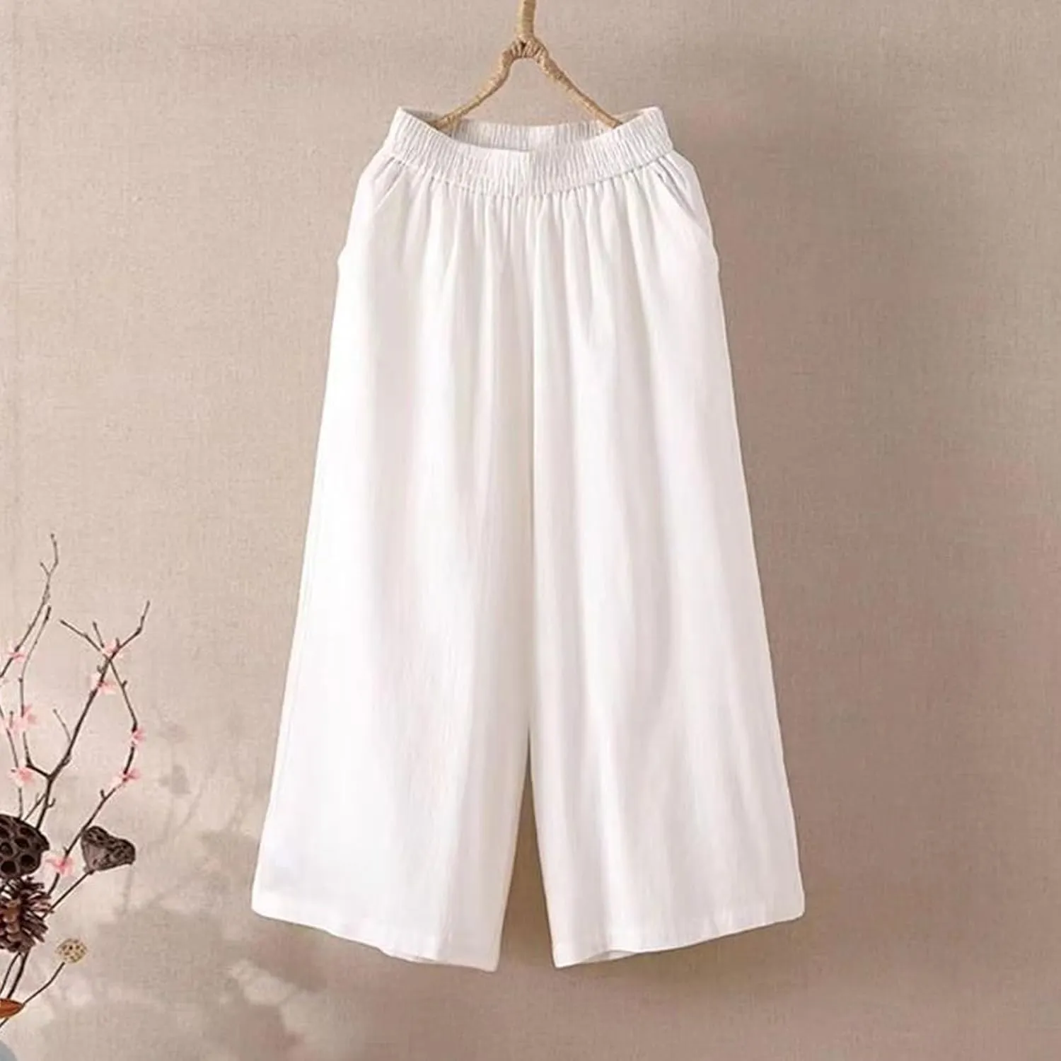 Capri Linen Pants for Women Casual Summer Elastic Waist Bermuda Shorts Lightweight Beach Pedal Pushers with Pockets