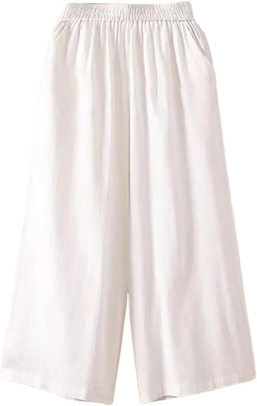 Capri Linen Pants for Women Casual Summer Elastic Waist Bermuda Shorts Lightweight Beach Pedal Pushers with Pockets