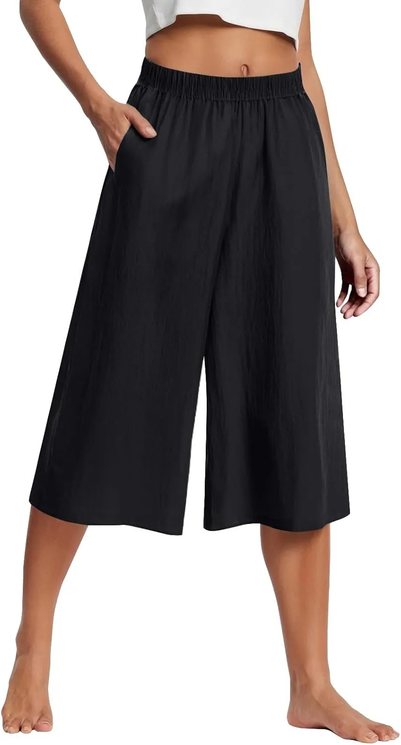 Capri Linen Pants for Women Casual Summer Elastic Waist Bermuda Shorts Lightweight Beach Pedal Pushers with Pockets