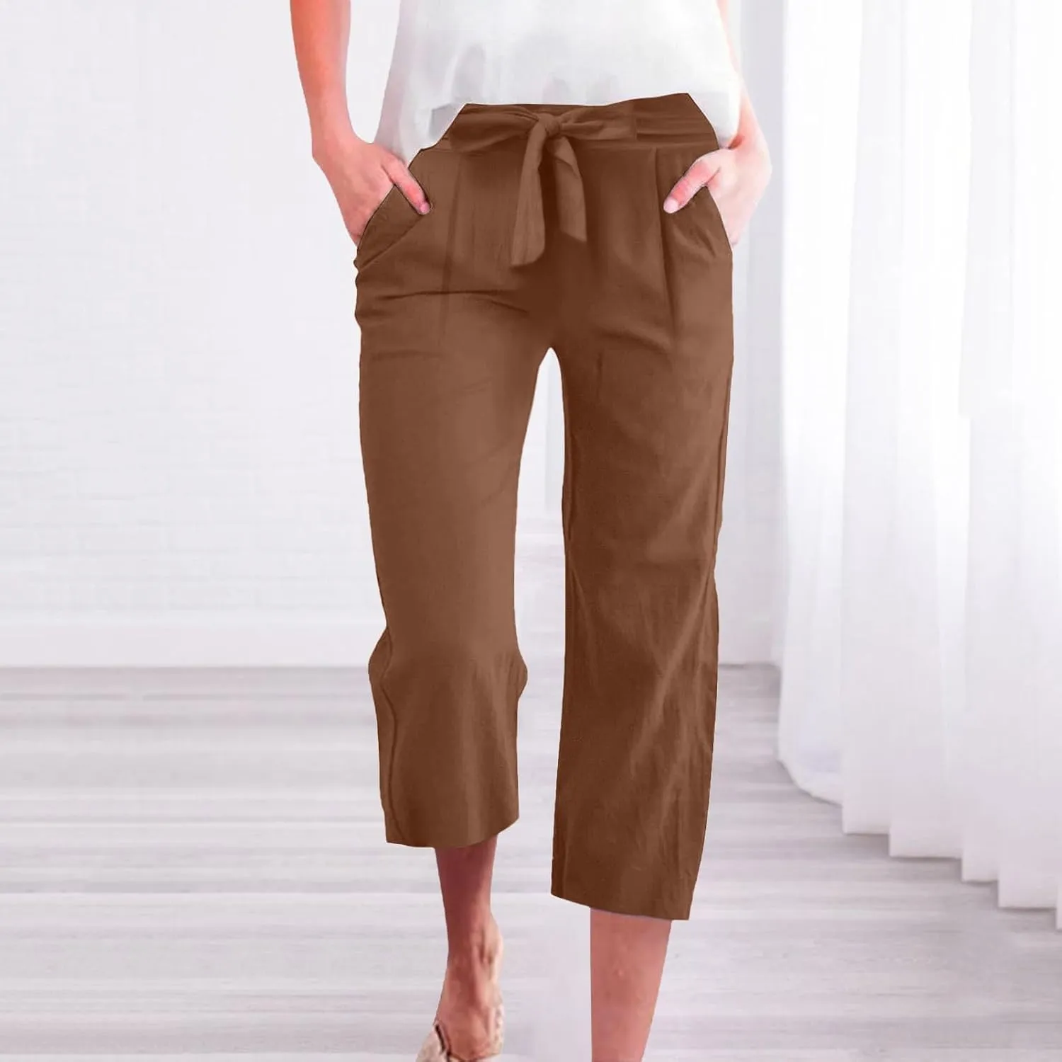 Capri Pants for Women Casual Summer Drawstring Waist Cotton Linen Capris Comfy Wide Leg Cropped Pants with Pockets