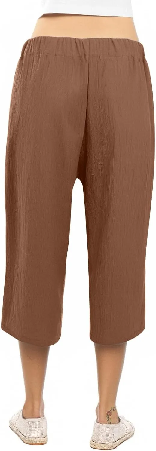 Capri Pants for Women Casual Summer Drawstring Waist Cotton Linen Capris Comfy Wide Leg Cropped Pants with Pockets